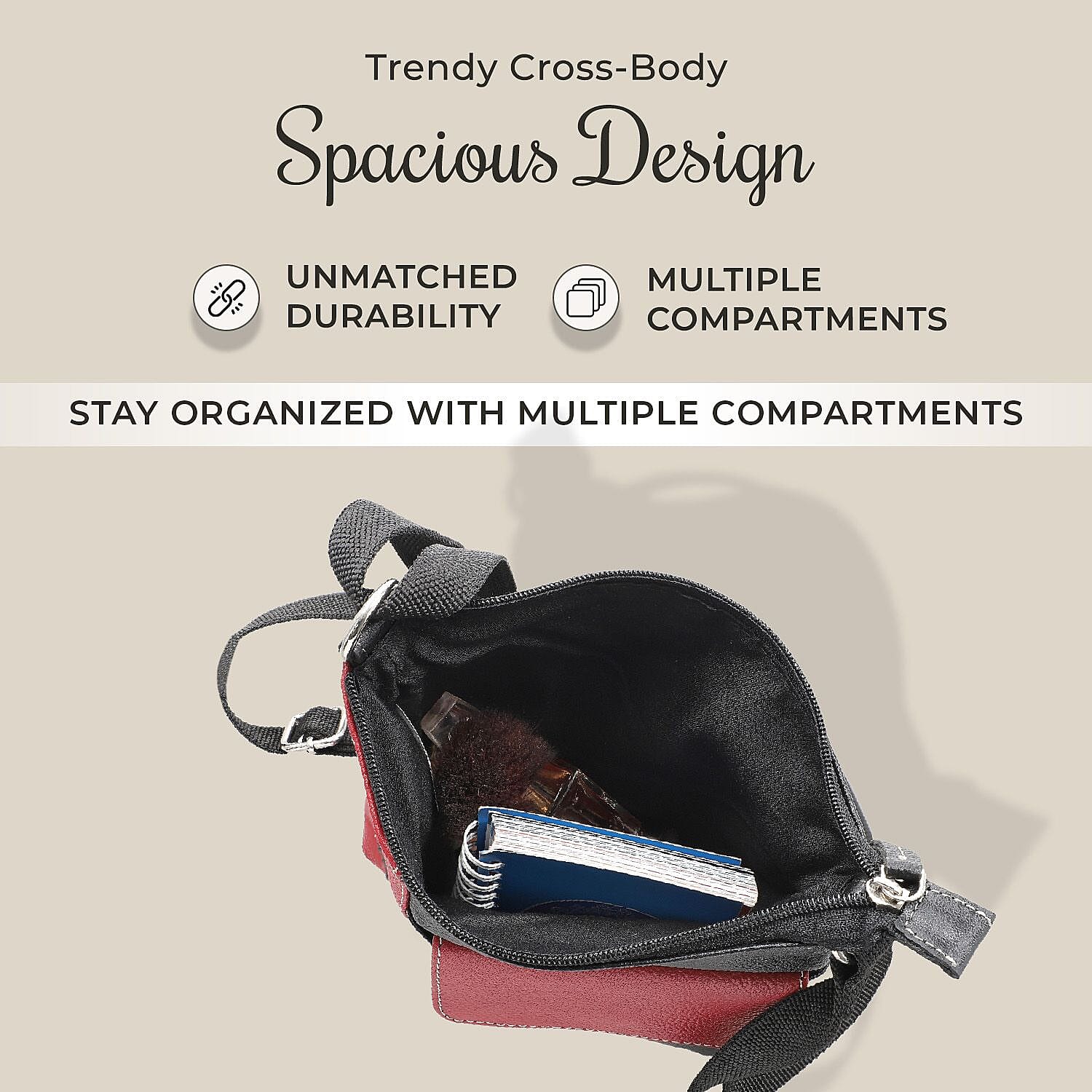 100% Genuine Leather Crossbody Bag With Adjustable Strap - Magenta - Black