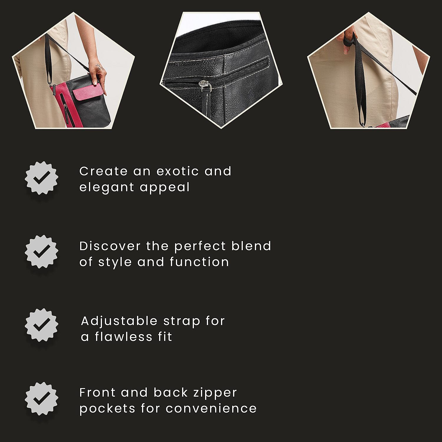 100% Genuine Leather Crossbody Bag With Adjustable Strap - Magenta - Black