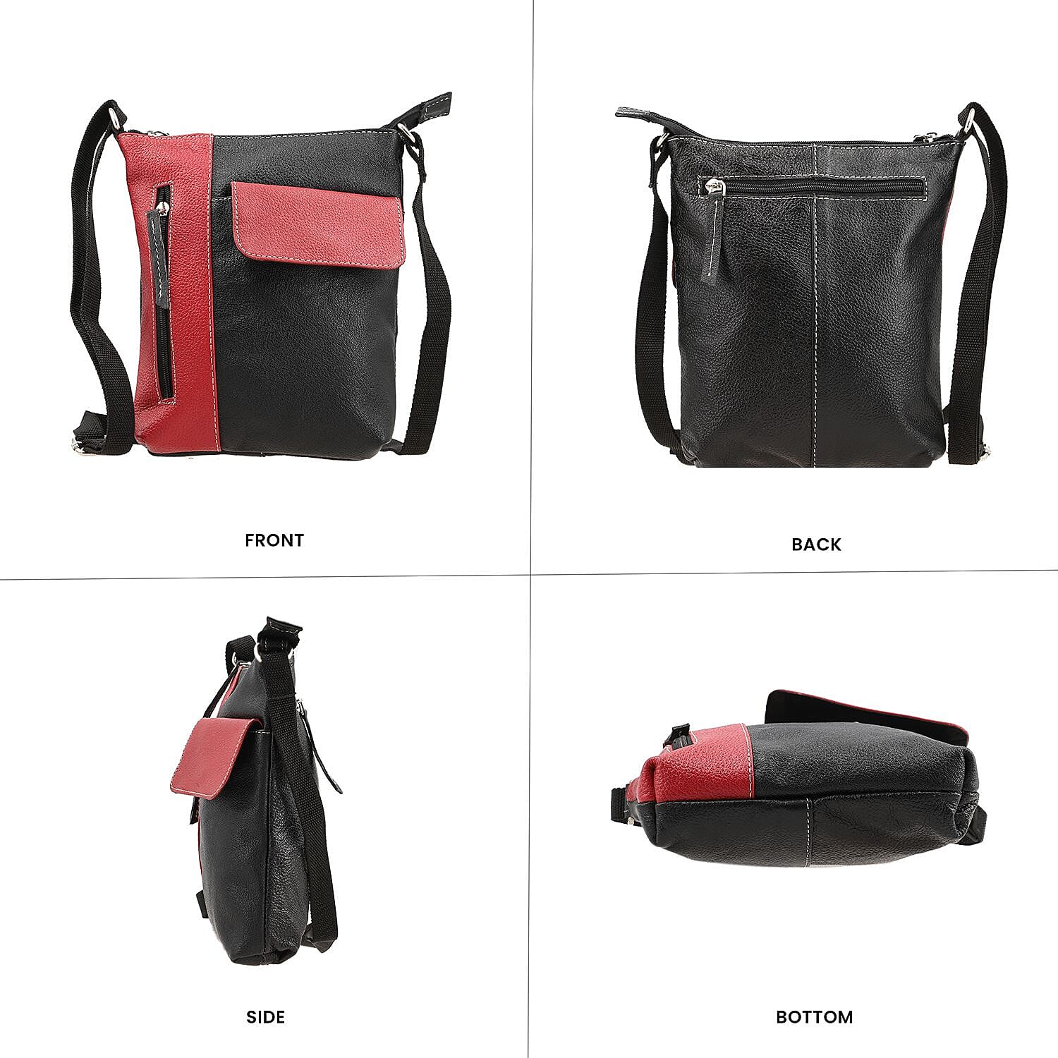 100% Genuine Leather Crossbody Bag With Adjustable Strap - Magenta - Black