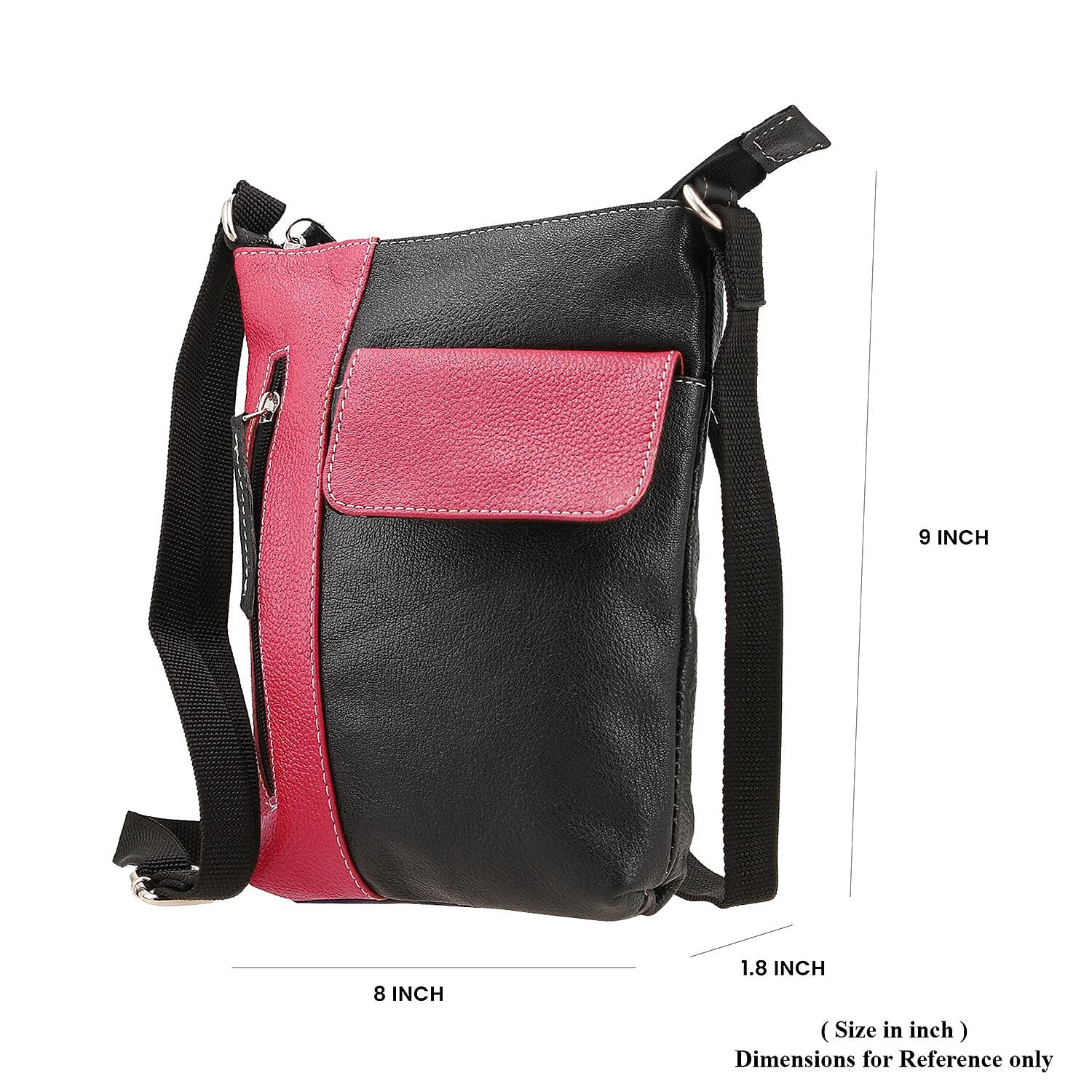 100% Genuine Leather Crossbody Bag With Adjustable Strap - Magenta - Black