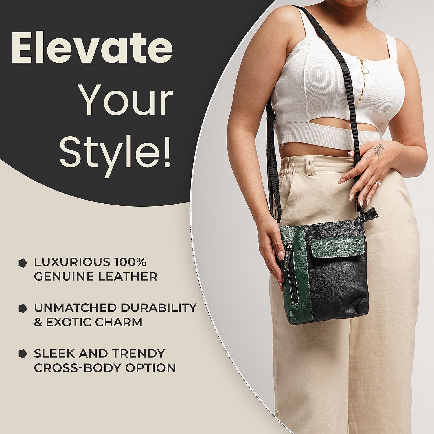 100% Genuine Leather Crossbody Bag Wih Adjustable Stra - Olive & Black