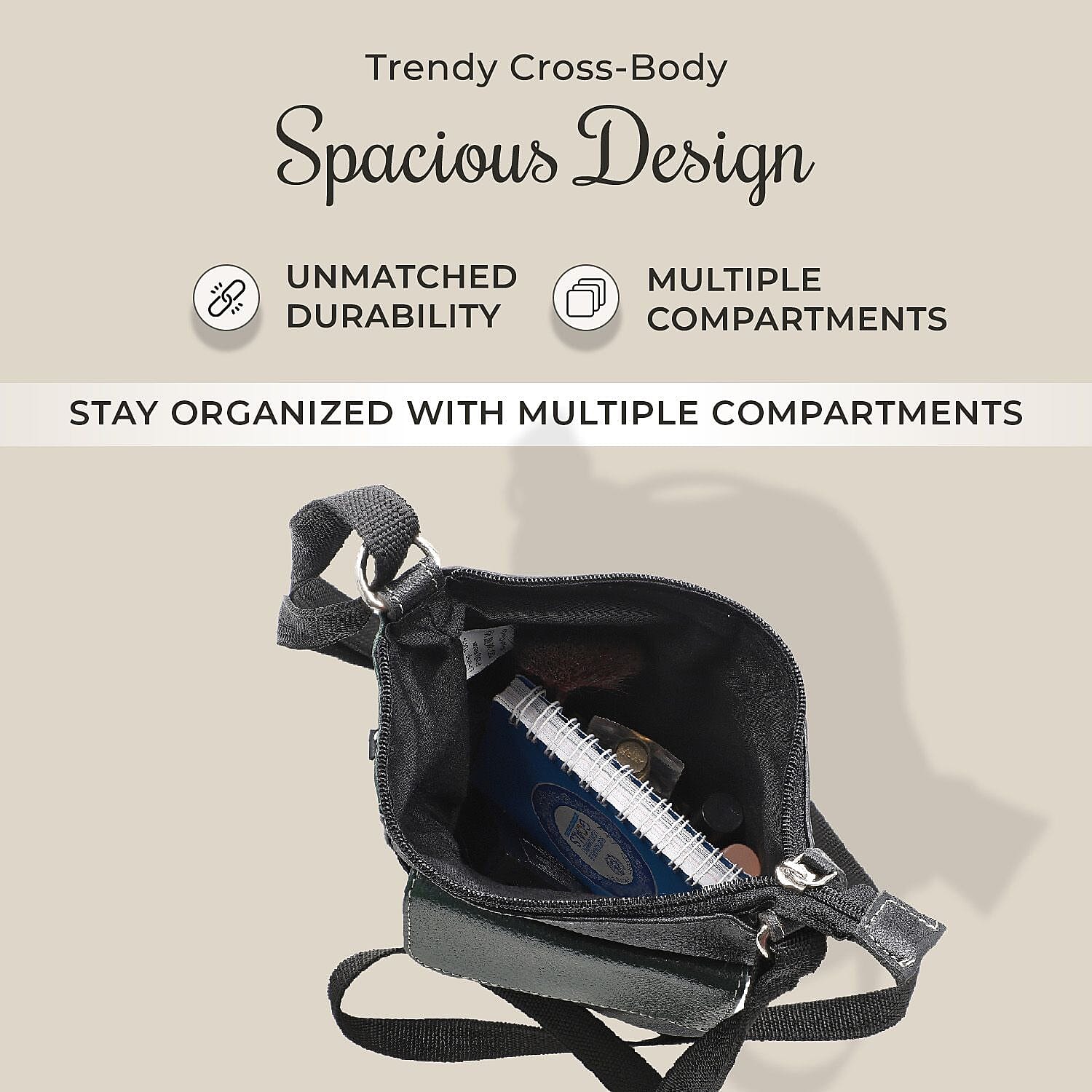 100% Genuine Leather Crossbody Bag Wih Adjustable Stra - Olive & Black