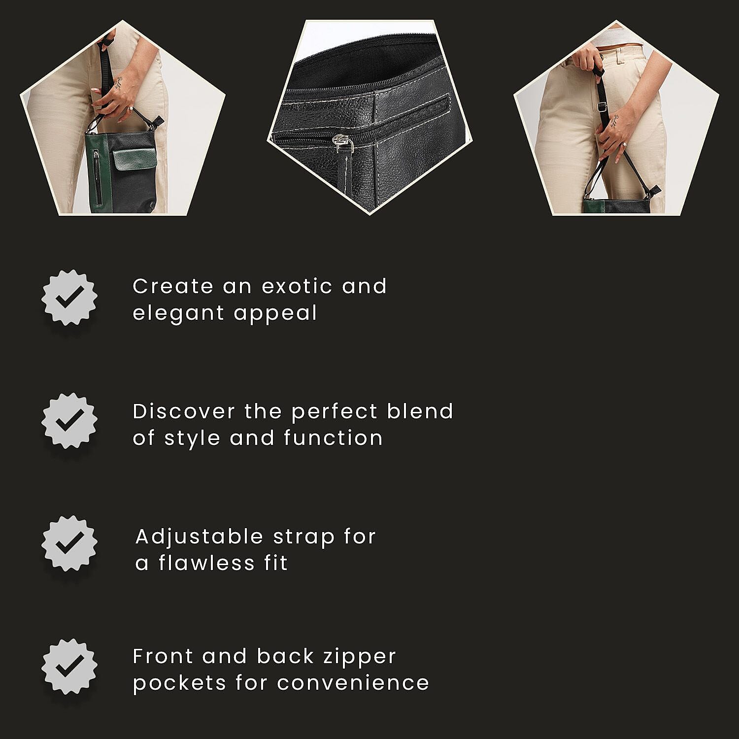 100% Genuine Leather Crossbody Bag Wih Adjustable Stra - Olive & Black