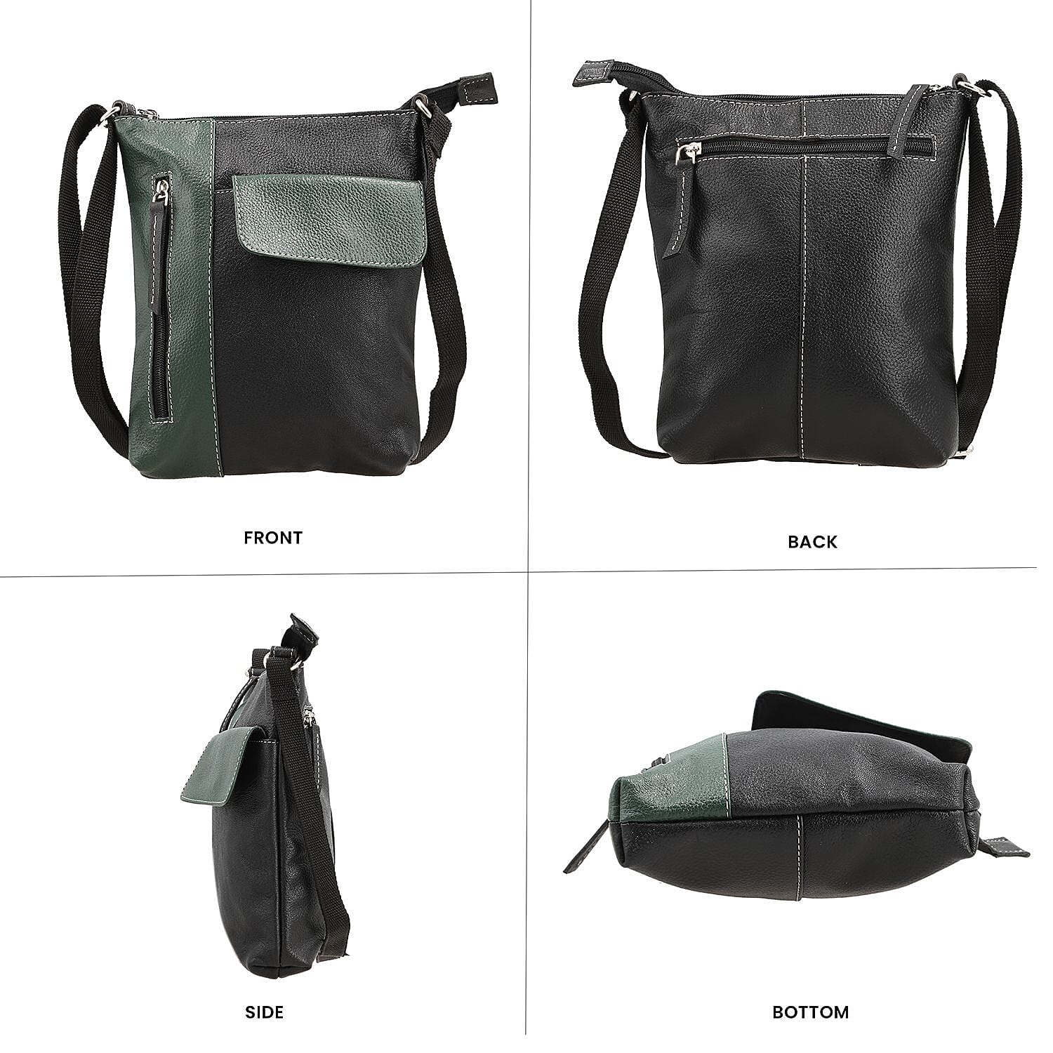 100% Genuine Leather Crossbody Bag Wih Adjustable Stra - Olive & Black
