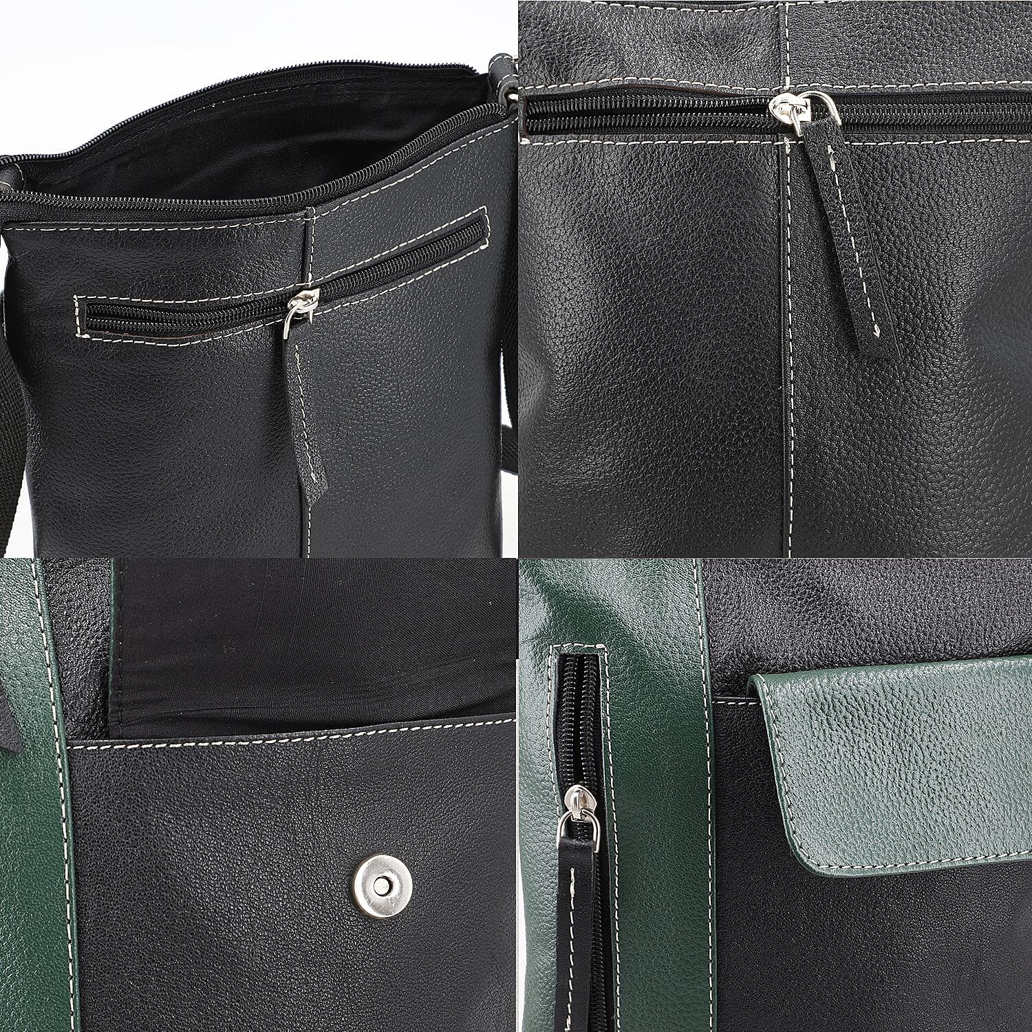 100% Genuine Leather Crossbody Bag Wih Adjustable Stra - Olive & Black