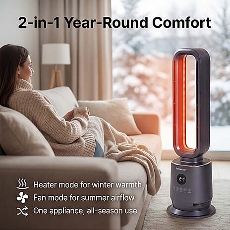 Energy Efficient 2-in-1 Ceramic Bladeless Heater with Fan Mode, 2 Heat Settings & Light Mode (1000W-2000W) With Remote