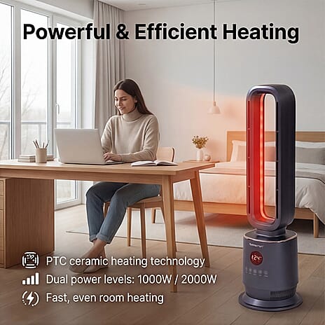 Energy Efficient 2-in-1 Ceramic Bladeless Heater with Fan Mode, 2 Heat Settings & Light Mode (1000W-2000W) With Remote