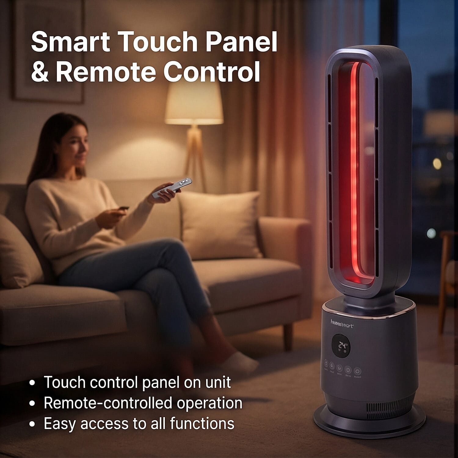 Energy Efficient 2-in-1 Ceramic Bladeless Heater with Fan Mode, 2 Heat Settings & Light Mode (1000W-2000W) With Remote