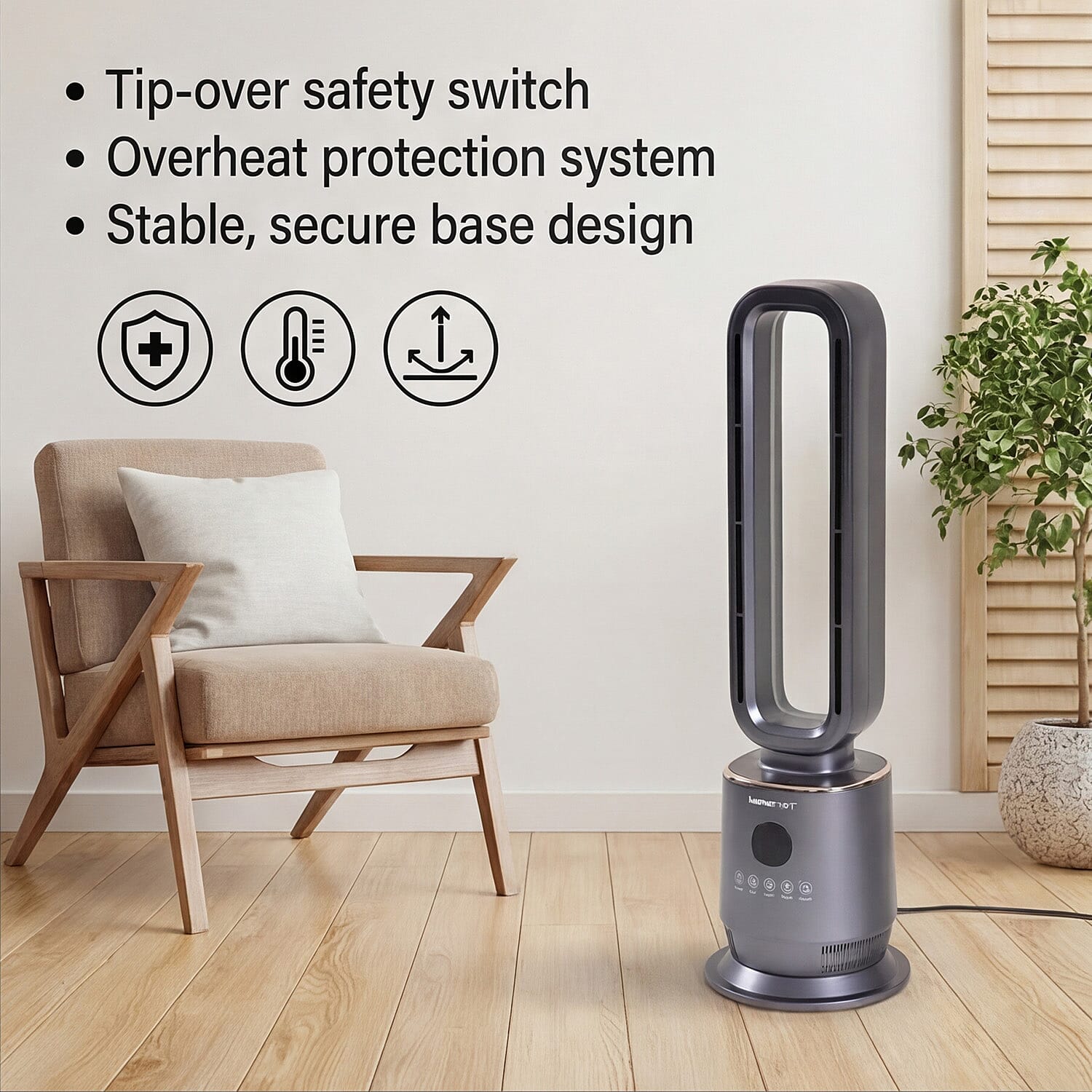 Energy Efficient 2-in-1 Ceramic Bladeless Heater with Fan Mode, 2 Heat Settings & Light Mode (1000W-2000W) With Remote