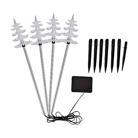Set of 4 Solar Pine Tree Pattern Garden Stake Green LED Light