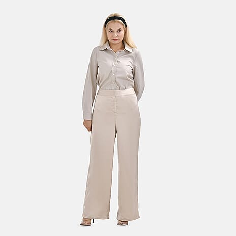 Soft Satin Wide Leg Trouser (Size 12) - Beige