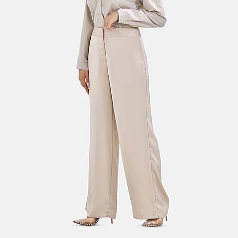 Soft Satin Wide Leg Trouser (Size 12) - Beige