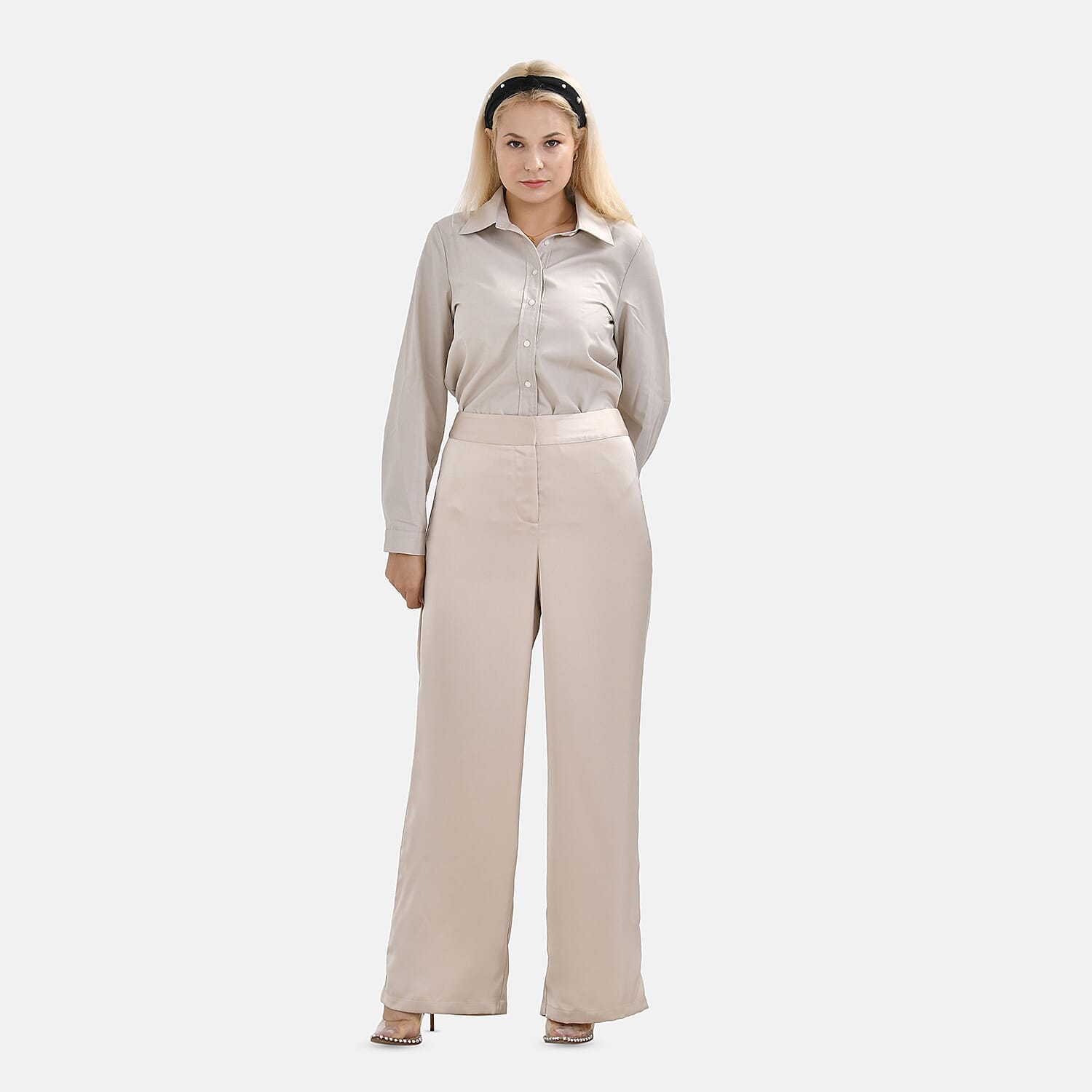 La Marey Soft Satin Wide Leg Trouser (Size 16) - Beige