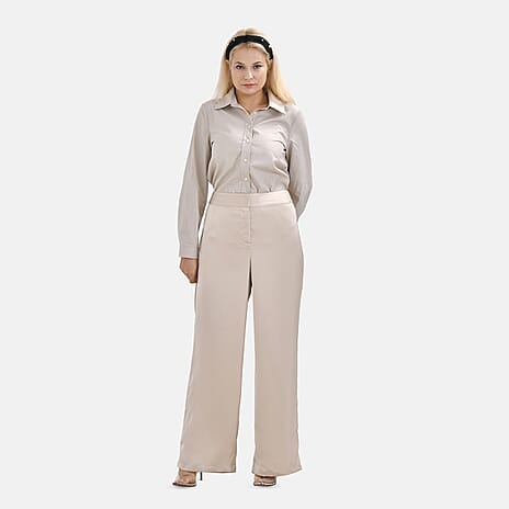 Soft Satin Wide Leg Trousers (Size 16) - Beige