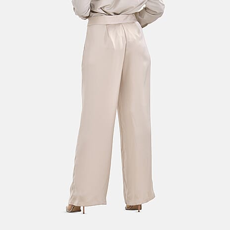 Soft Satin Wide Leg Trousers (Size 16) - Beige