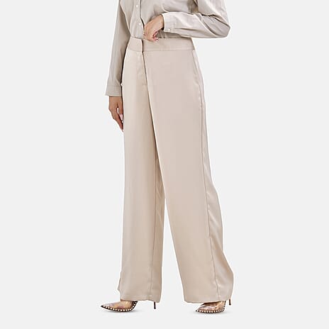 Soft Satin Wide Leg Trousers (Size 16) - Beige
