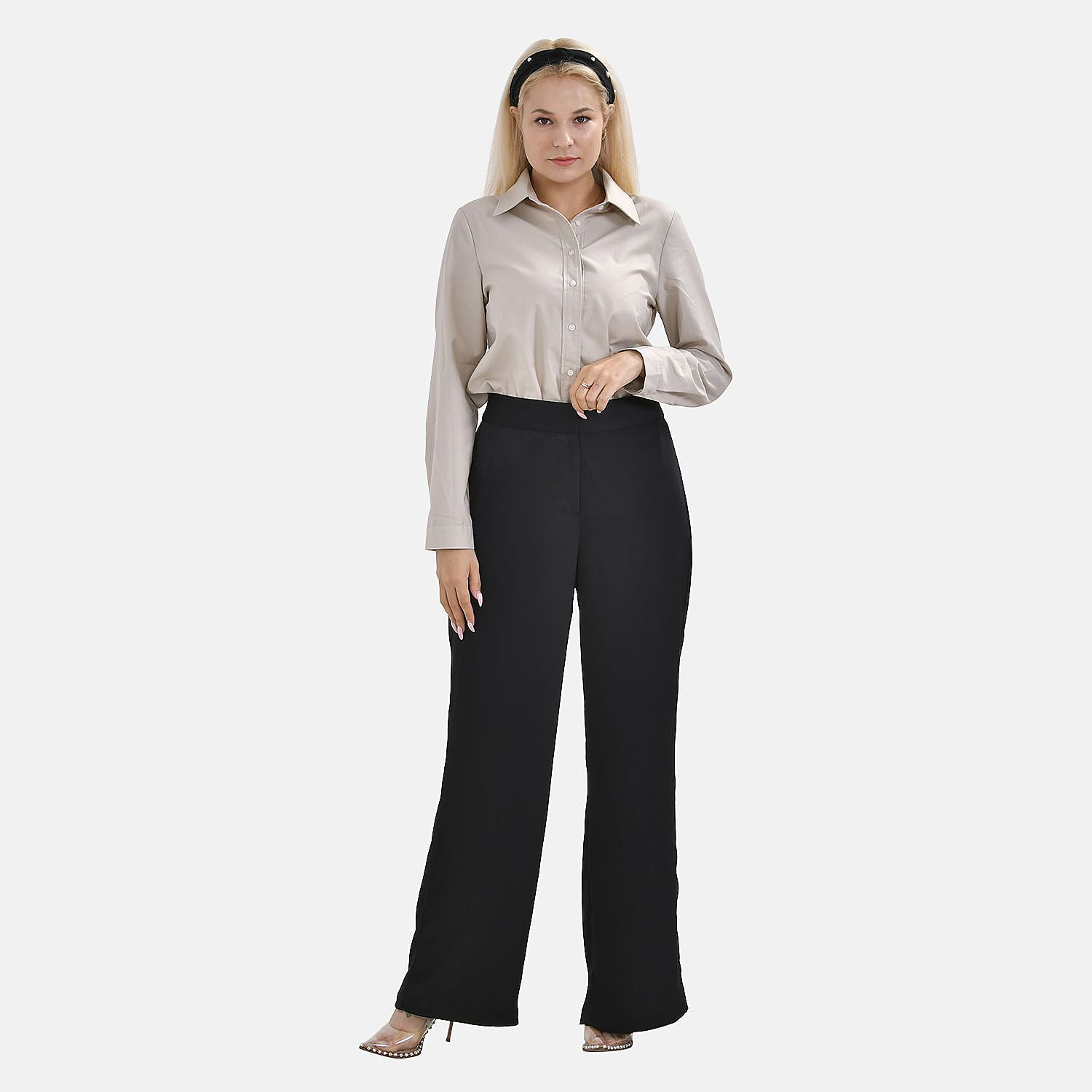 TAMSY Soft Satin Wide Leg Trousers (Size 12) - Black