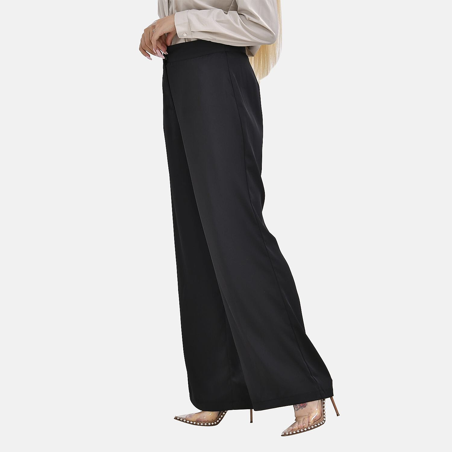 La Marey Soft Satin Wide Leg Trousers (Size 12) - Black