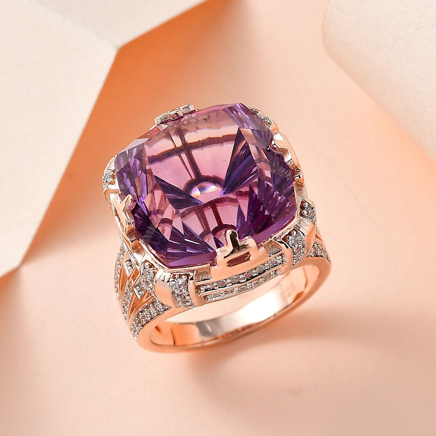 Ultimate Concave Cut AAA Rose De France and Natural Zircon Ring in 18K Rose Gold Vermeil in Silver  15.24 ct.