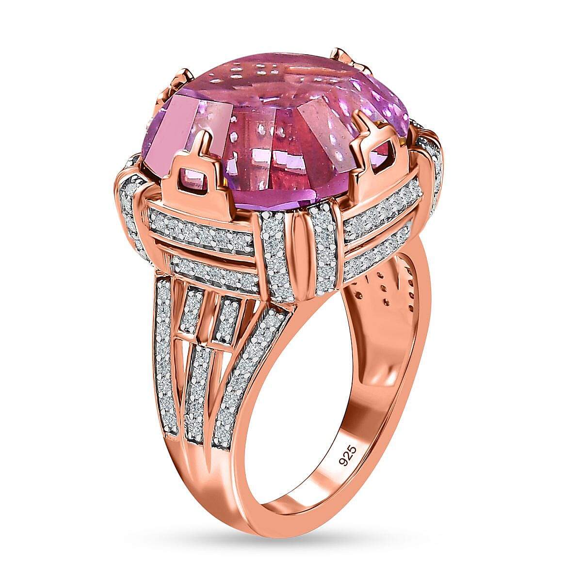 Ultimate Concave Cut AAA Rose De France and Natural Zircon Ring in 18K Rose Gold Vermeil in Silver  15.24 ct.