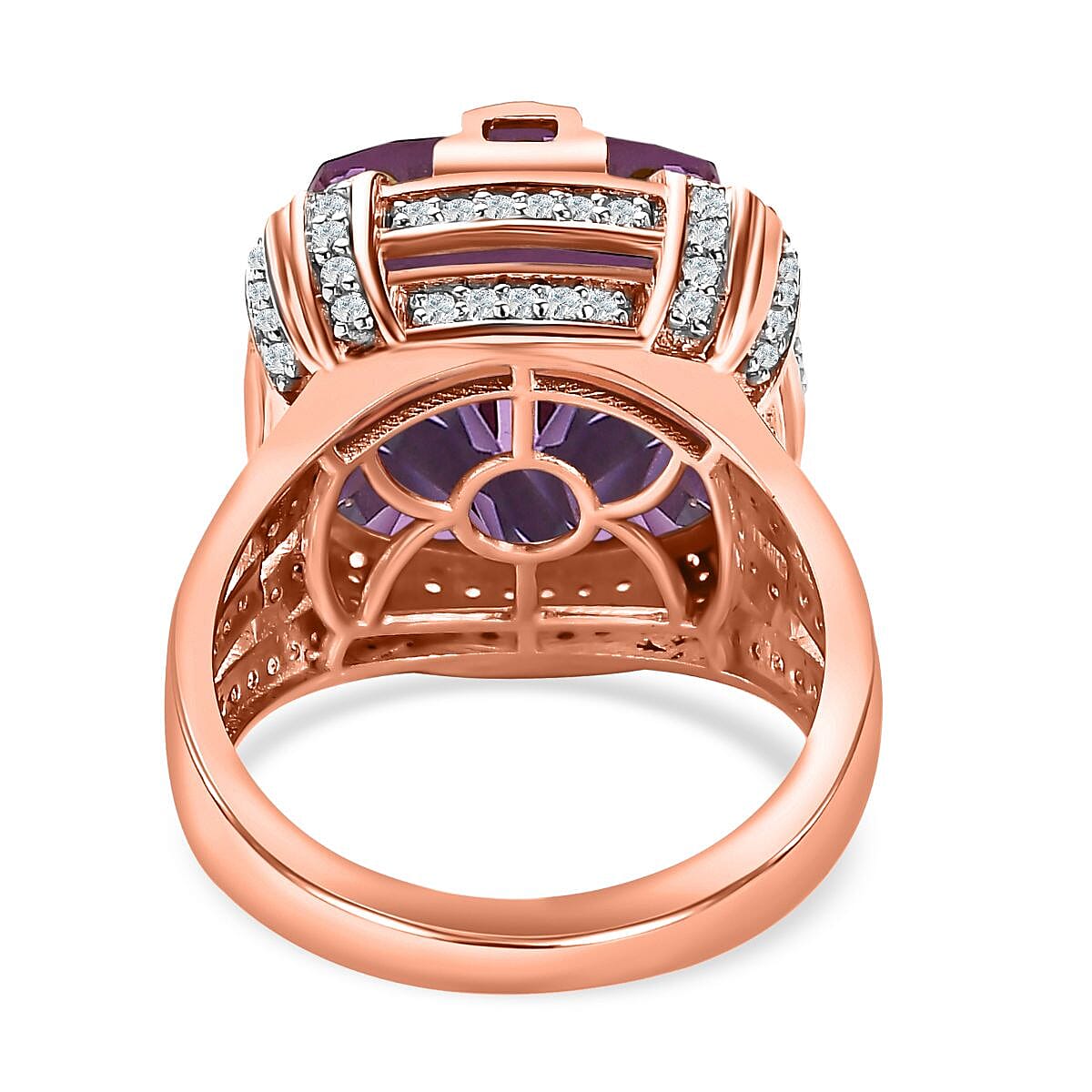 Ultimate Concave Cut AAA Rose De France and Natural Zircon Ring in 18K Rose Gold Vermeil in Silver  15.24 ct.