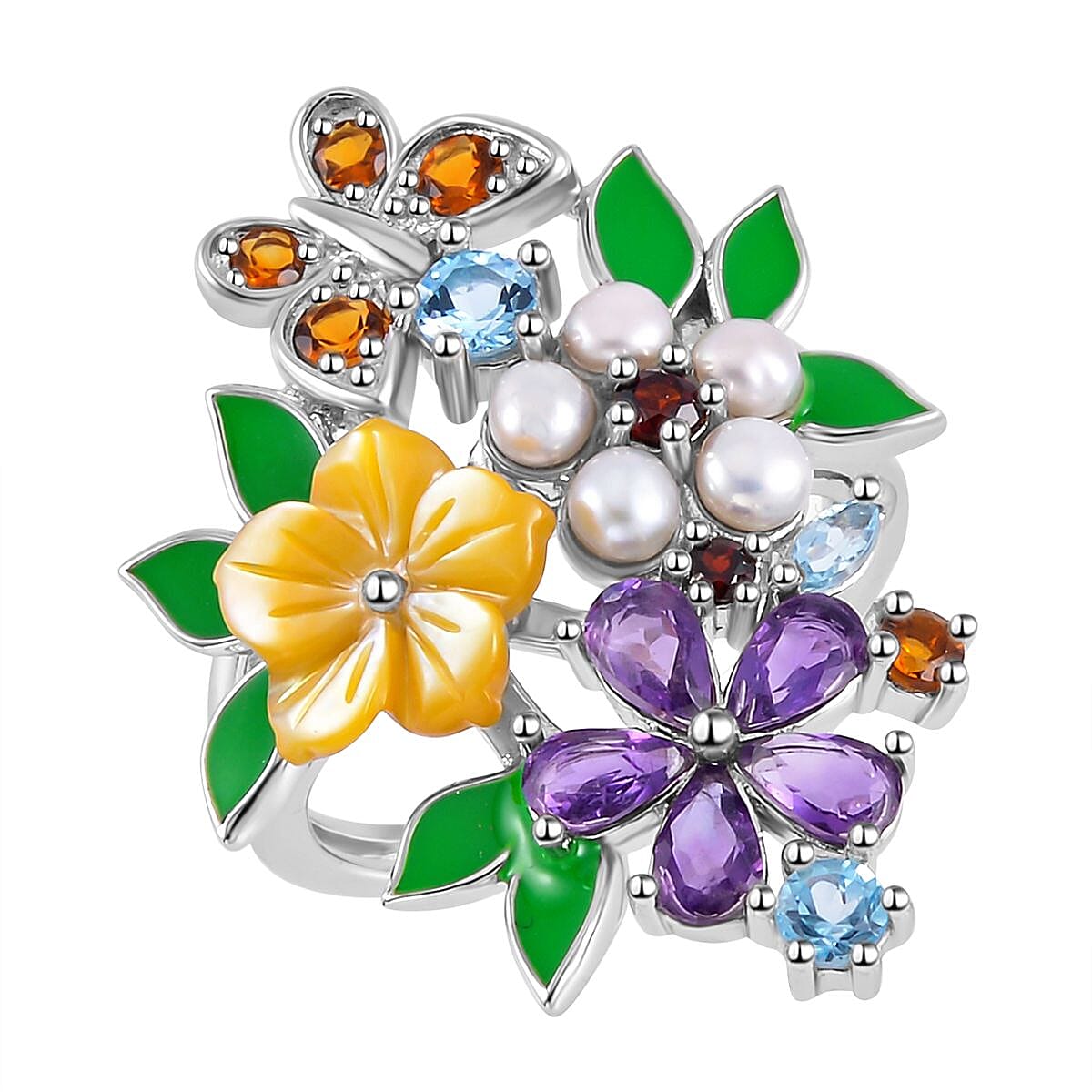 Yellow Mother Of Pearl & Multi Gemstone Floral Ring in Rhodium Overlay Sterling Silver with Enamelling 3.74 Ct, Silver Wt. 6.09 Gms.
