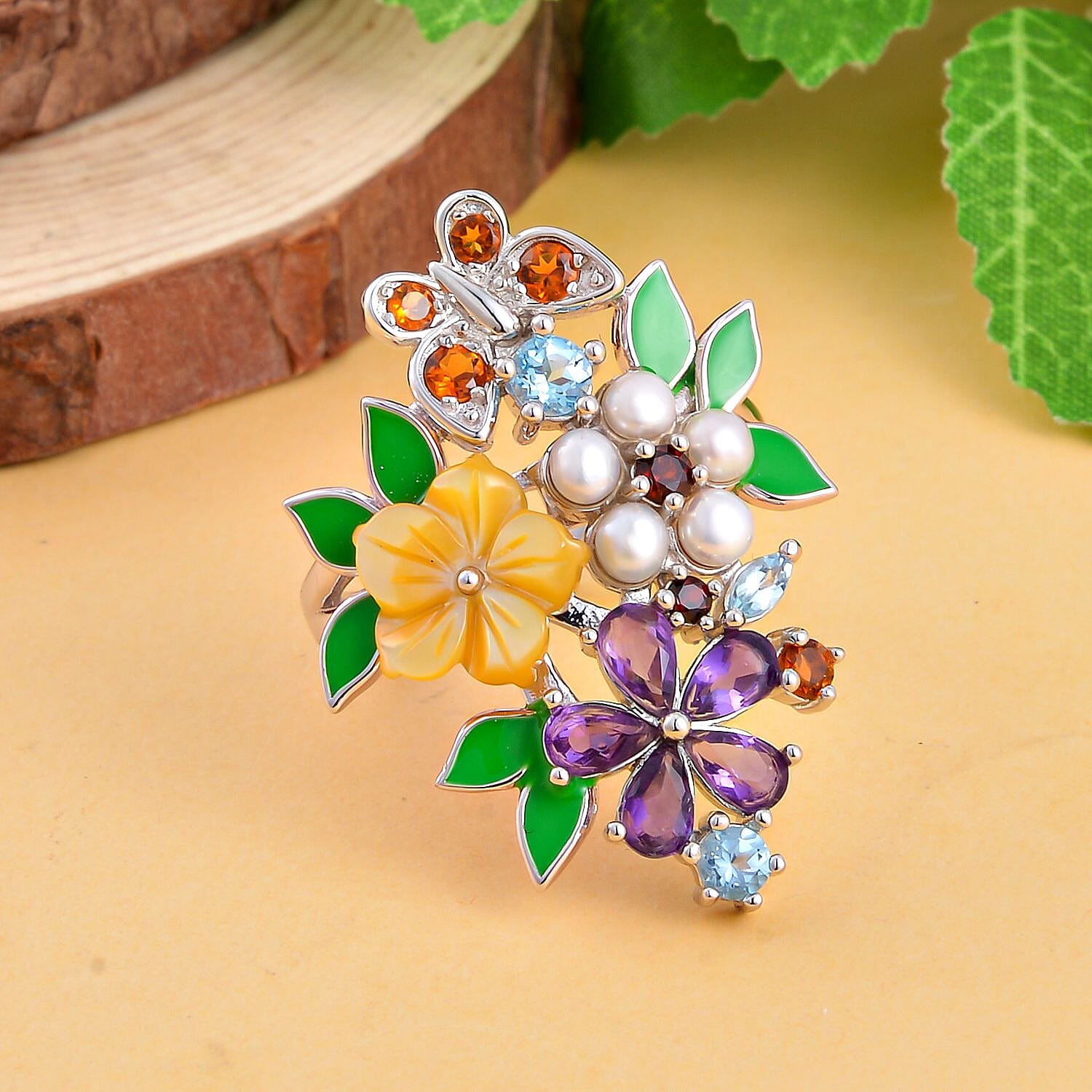Yellow Mother Of Pearl & Multi Gemstone Floral Ring in Rhodium Overlay Sterling Silver with Enamelling 3.74 Ct, Silver Wt. 6.09 Gms.