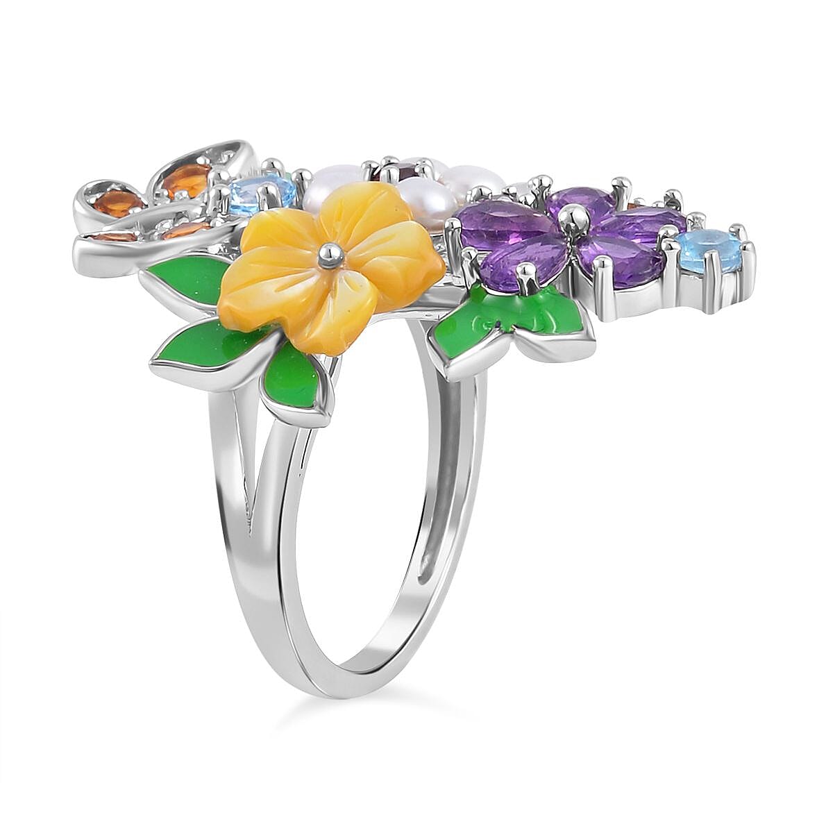 Yellow Mother Of Pearl & Multi Gemstone Floral Ring in Rhodium Overlay Sterling Silver with Enamelling 3.74 Ct, Silver Wt. 6.09 Gms.
