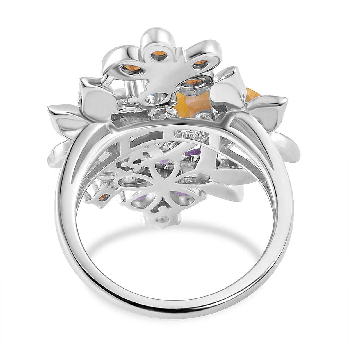Yellow Mother Of Pearl & Multi Gemstone Floral Ring in Rhodium Overlay Sterling Silver with Enamelling 3.74 Ct, Silver Wt. 6.09 Gms.