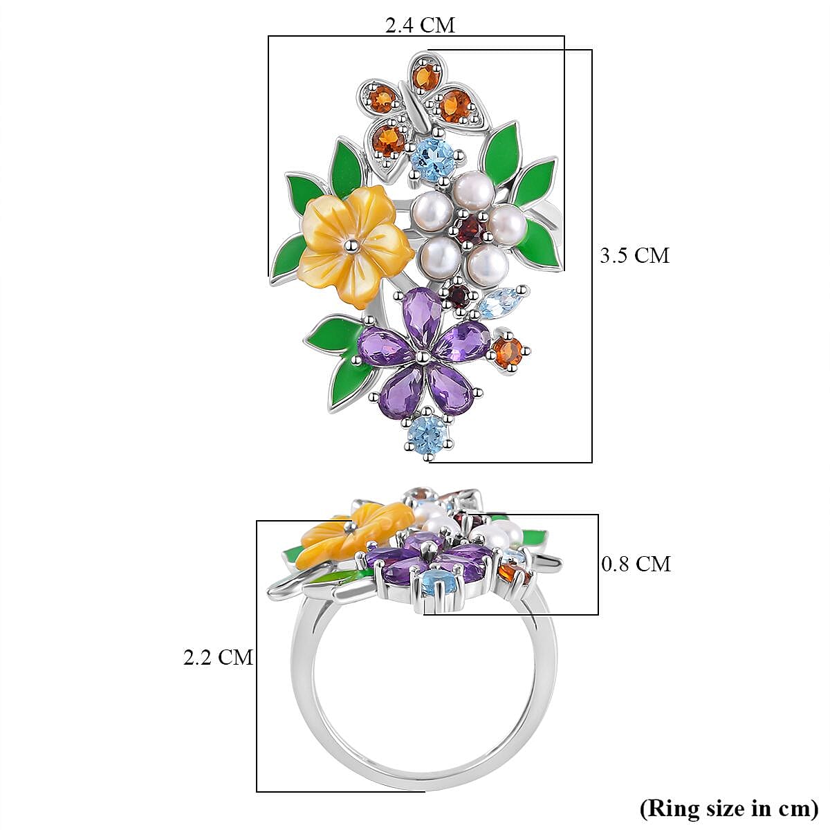 Yellow Mother Of Pearl & Multi Gemstone Floral Ring in Rhodium Overlay Sterling Silver with Enamelling 3.74 Ct, Silver Wt. 6.09 Gms.