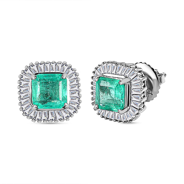 Colombian Emerald Earrings with Double Halo Emerald Cut Drops in Platinum, Style #E-2578E-125-DIA-PLAT