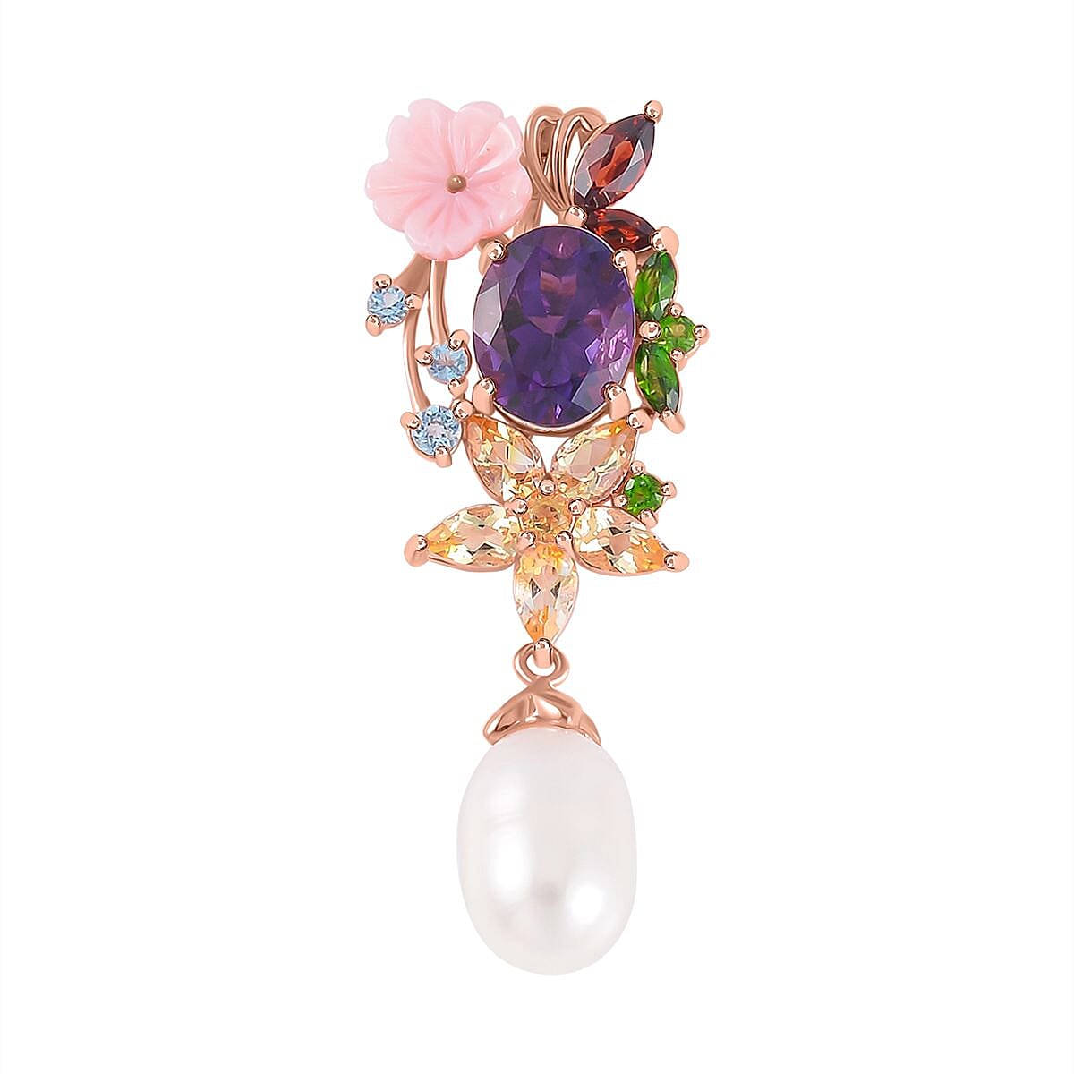 Fresh Water Pearl & Multi Gemstone Pendant in 18K Vermeil Rose Gold Plated Sterling Silver 11.50 Ct.