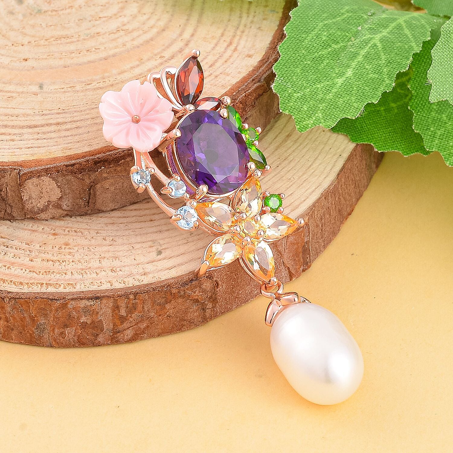 Fresh Water Pearl & Multi Gemstone Pendant in 18K Vermeil Rose Gold Plated Sterling Silver 11.50 Ct.