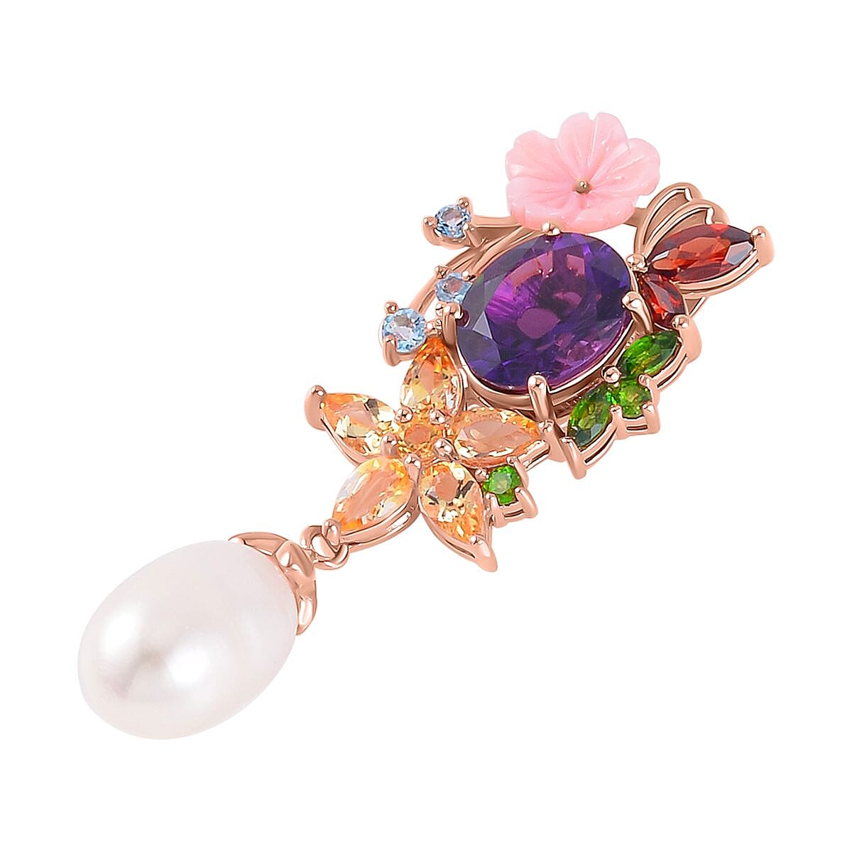 Fresh Water Pearl & Multi Gemstone Pendant in 18K Vermeil Rose Gold Plated Sterling Silver 11.50 Ct.
