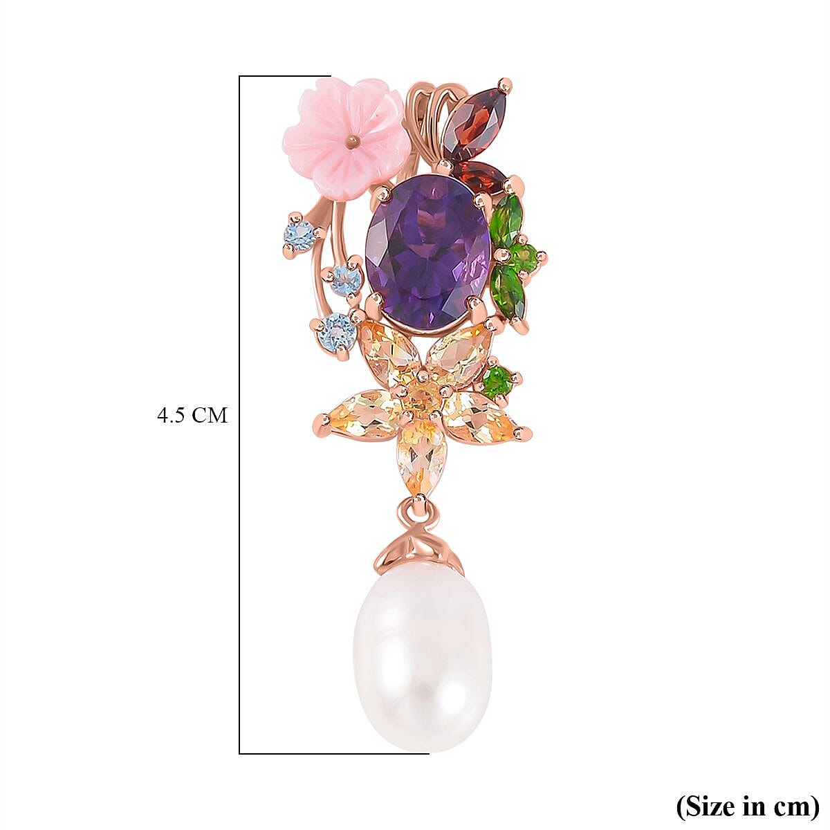 Fresh Water Pearl & Multi Gemstone Pendant in 18K Vermeil Rose Gold Plated Sterling Silver 11.50 Ct.