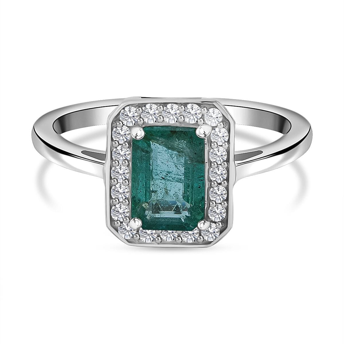 Glenstones Gemfields Emerald & Diamond Halo Ring in Rhodium Overlay Sterling Silver 1.15 Ct.