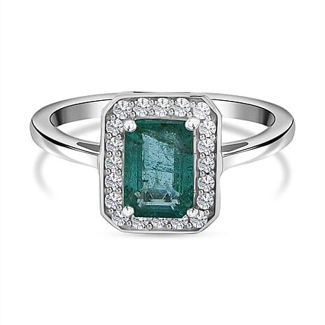 Glenstones Gemfields Emerald & Diamond Halo Ring in Rhodium Overlay Sterling Silver 1.15 Ct.