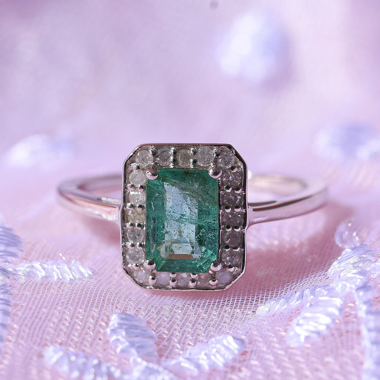 Glenstones Gemfields Emerald & Diamond Halo Ring in Rhodium Overlay Sterling Silver 1.15 Ct.