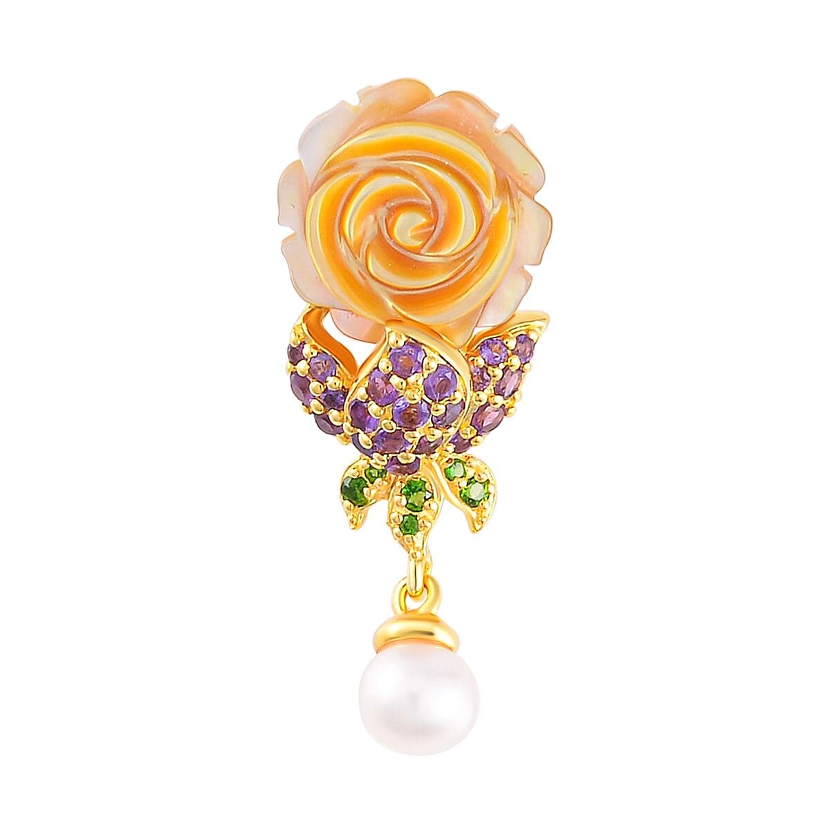 Yellow Mother Of Pearl & Multi Gemstone Floral Pendant in 18K Vermeil Yellow Gold Plated Sterling Silver 8.57 Ct.