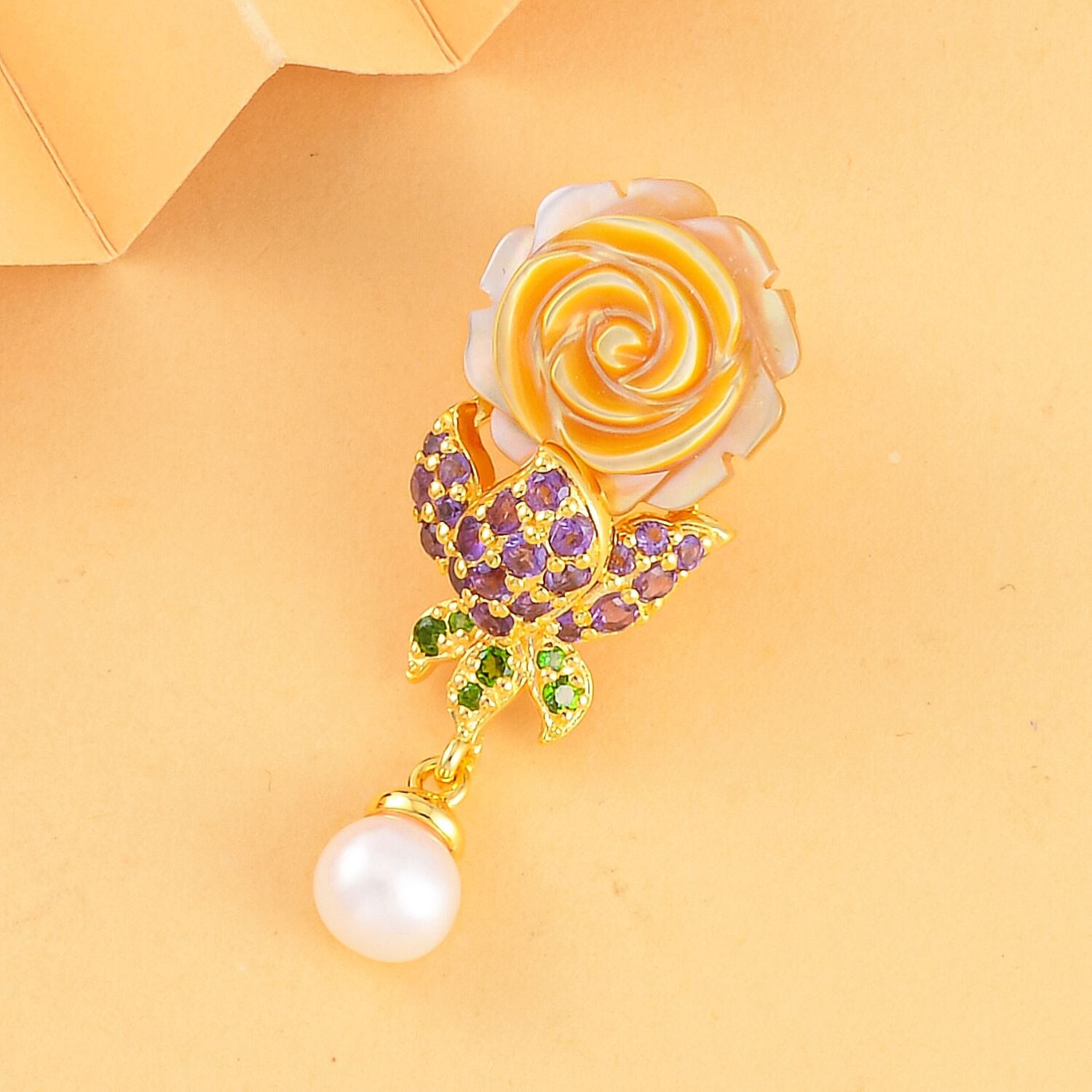 Yellow Mother Of Pearl & Multi Gemstone Floral Pendant in 18K Vermeil Yellow Gold Plated Sterling Silver 8.57 Ct.