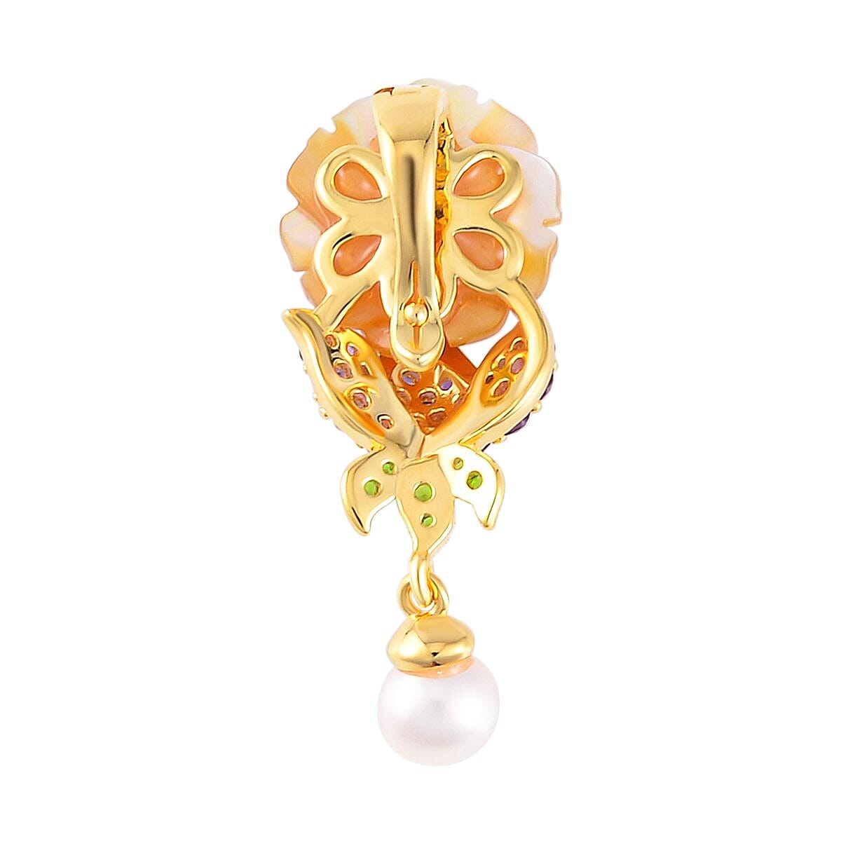 Yellow Mother Of Pearl & Multi Gemstone Floral Pendant in 18K Vermeil Yellow Gold Plated Sterling Silver 8.57 Ct.