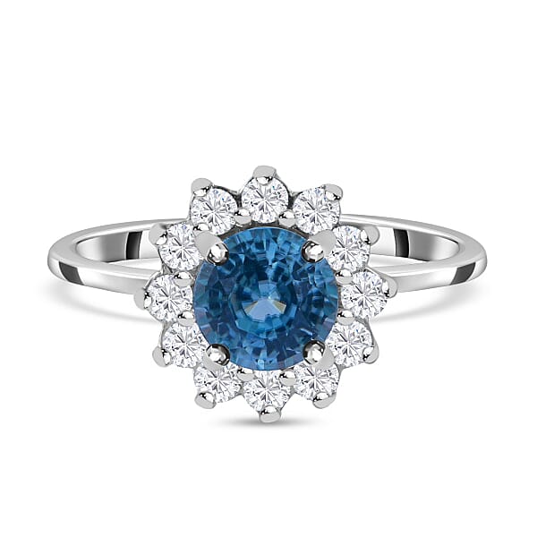 Ratanakiri Blue Zircon and Natural Zircon Floral Engagement Ring in
