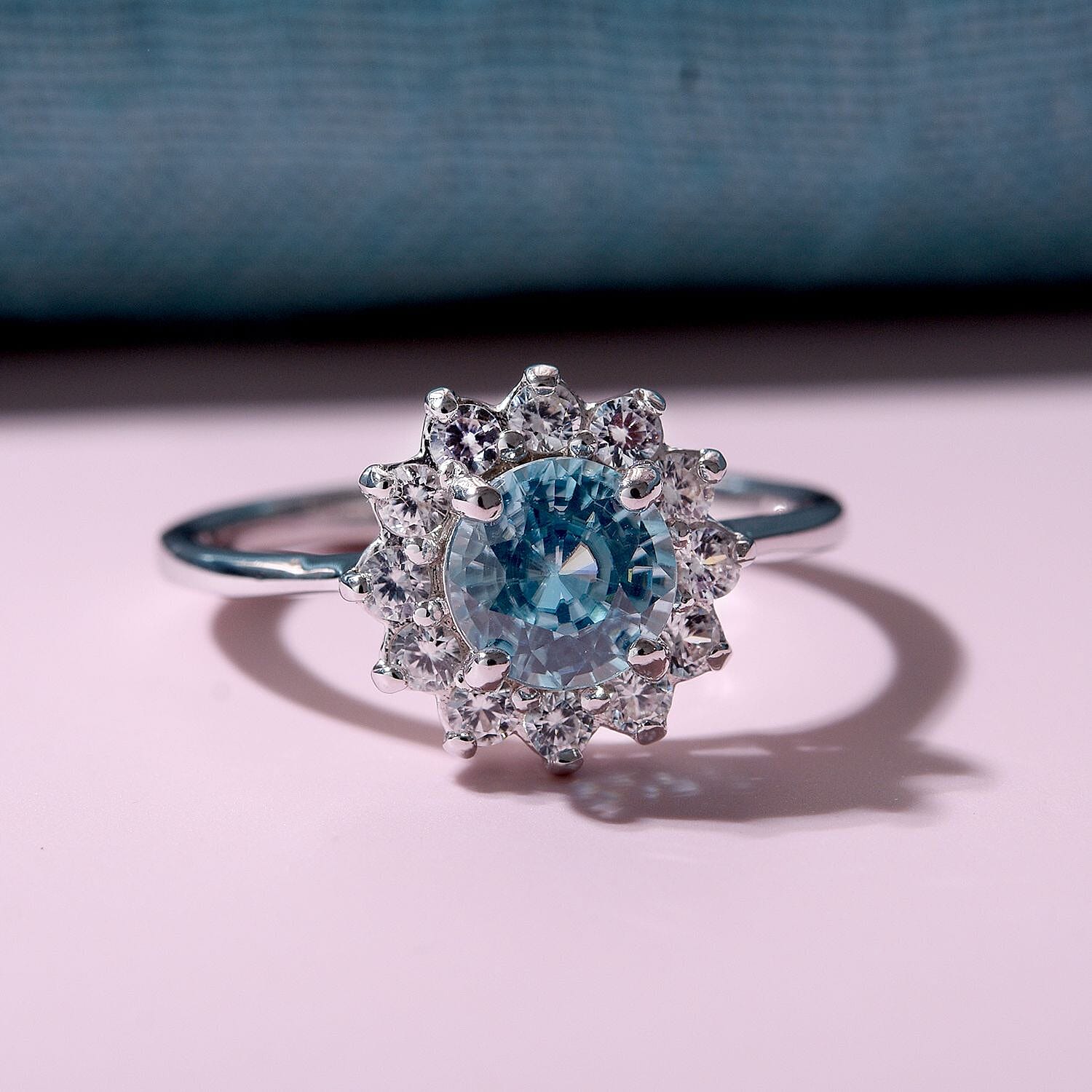 Ratanakiri Blue Zircon & Natural Zircon Floral Band Ring in Rhodium Overlay Sterling Silver 2.35 Ct.