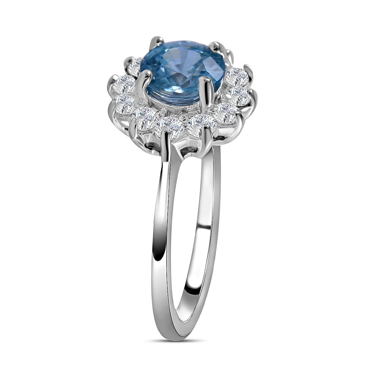 Ratanakiri Blue Zircon & Natural Zircon Floral Band Ring in Rhodium Overlay Sterling Silver 2.35 Ct.