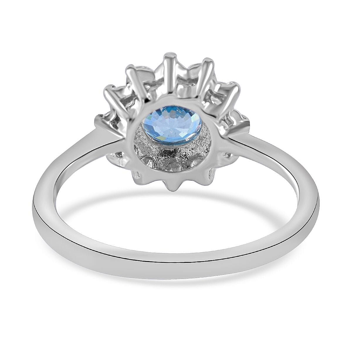 Ratanakiri Blue Zircon & Natural Zircon Floral Band Ring in Rhodium Overlay Sterling Silver 2.35 Ct.