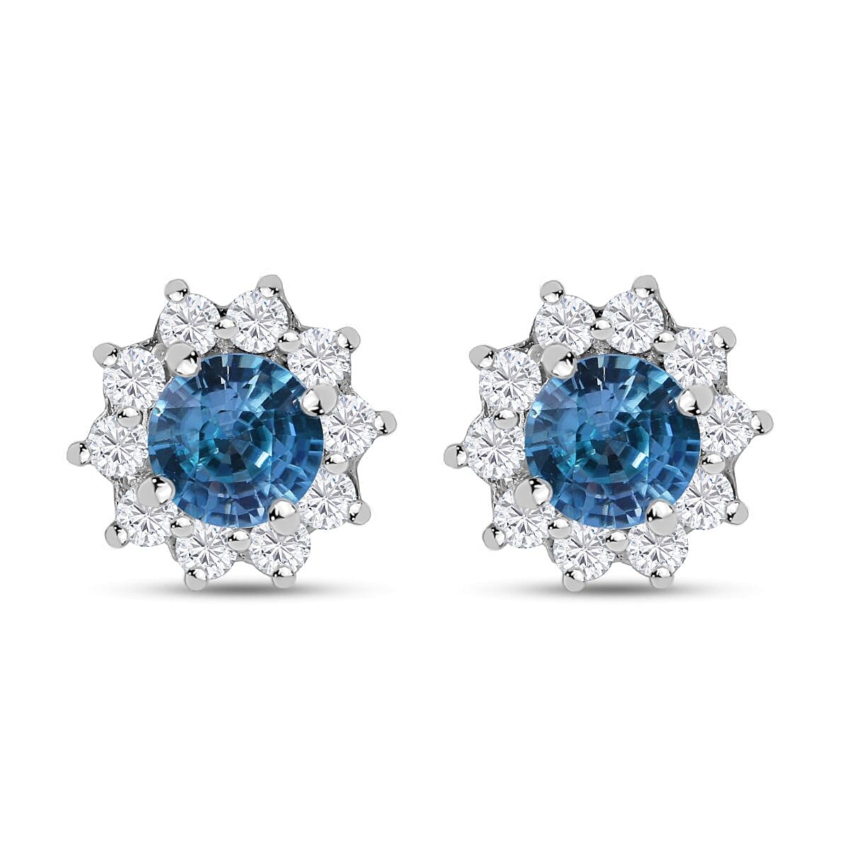 Ratanakiri Blue Zircon & White Zircon Stud Earrings in Rhodium Overlay Sterling Silver 4.00 Ct.