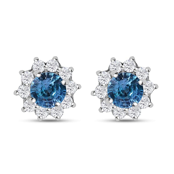 Ratanakiri Blue Zircon & White Zircon Stud Earrings in Rhodium Overlay