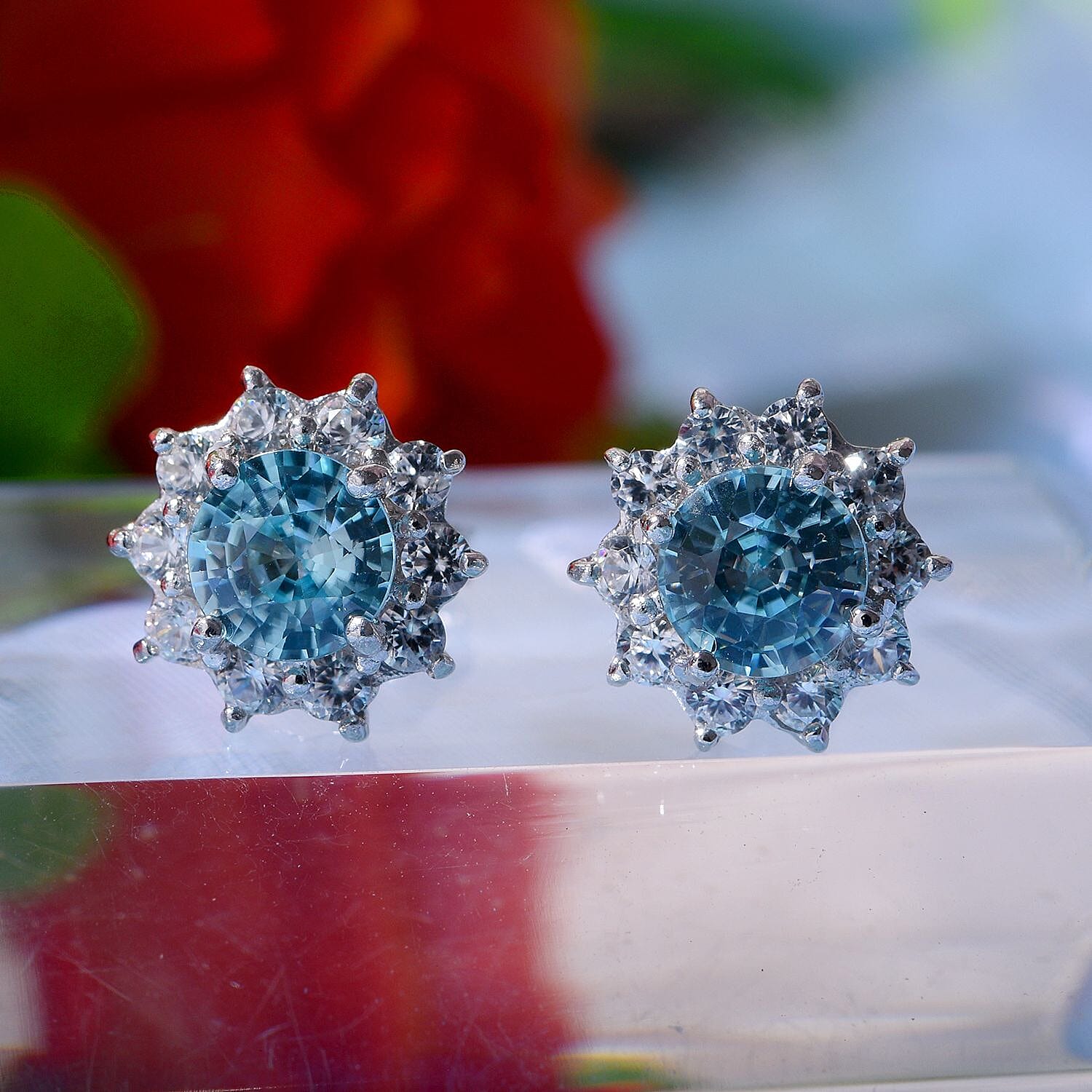 Ratanakiri Blue Zircon & White Zircon Stud Earrings in Rhodium Overlay Sterling Silver 4.00 Ct.