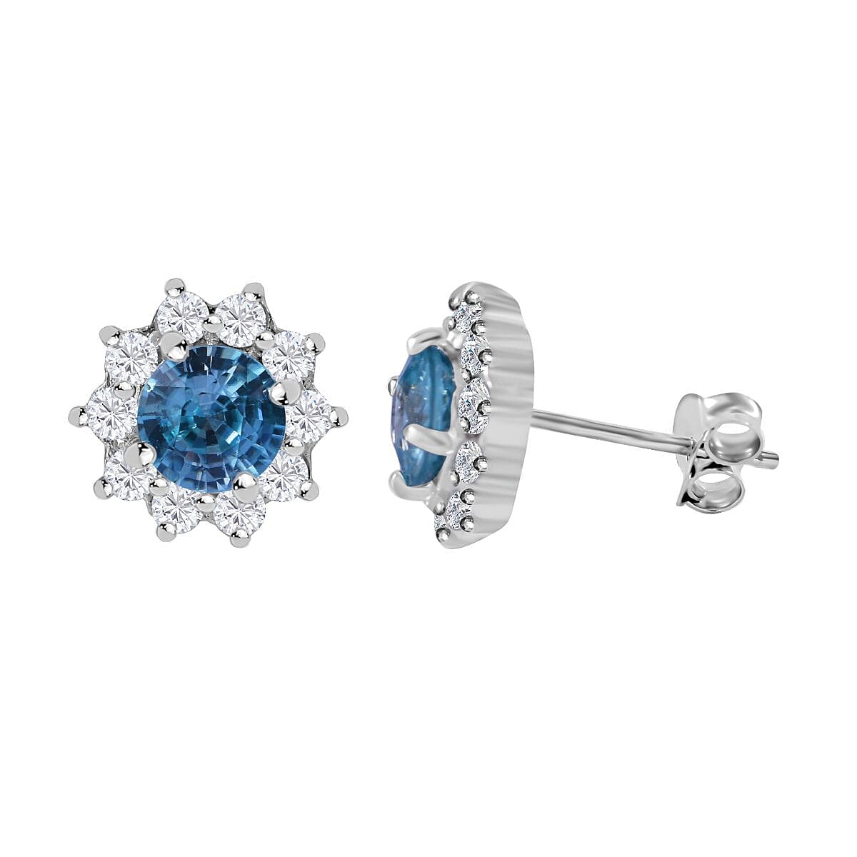 Ratanakiri Blue Zircon & White Zircon Stud Earrings in Rhodium Overlay Sterling Silver 4.00 Ct.