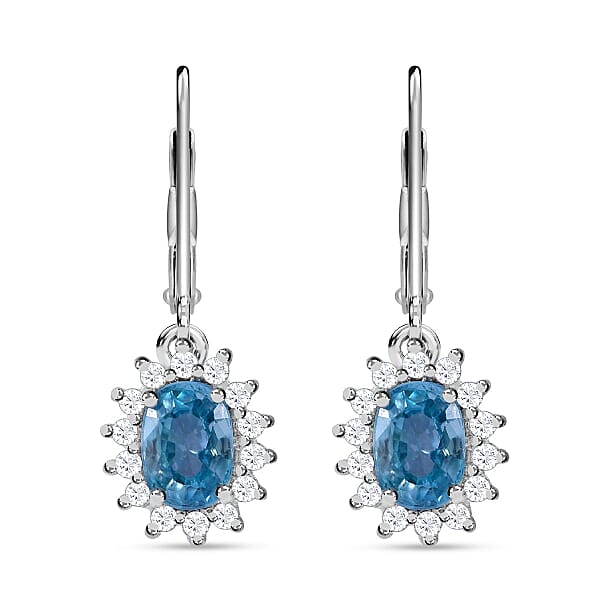Natural Ratanakiri Blue Zircon & Natural Zircon Halo Earrings in